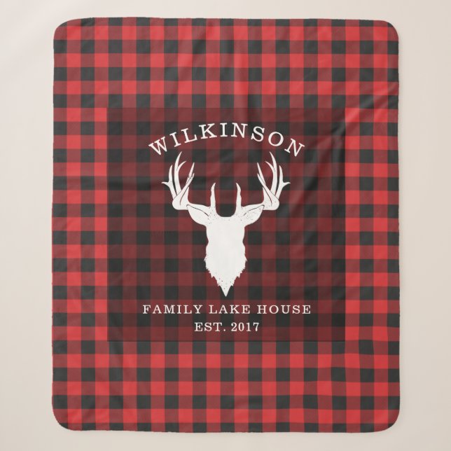 Family Name Red Buffalo Lumberjack Plaid Lake Sherpa Blanket (Front)