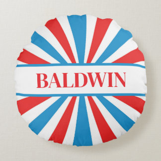 Family Name Red, White, and Blue Sunburst Round Pillow