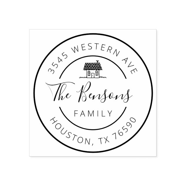 Family Name Return Address round, Cozy Home Rubber Stamp (Imprint)
