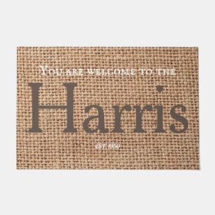 Family name rustic brown stylish text burlap decor doormat