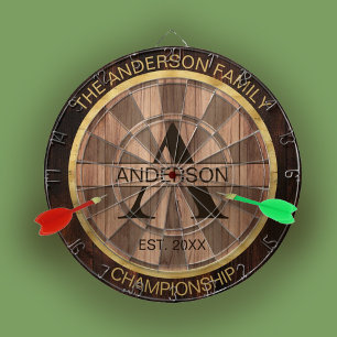 Family Name Rustic Farmhouse Wood Monogrammed Gold Dartboard