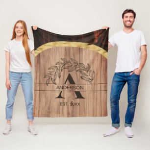 Family Name Rustic Farmhouse Wood Monogrammed Gold Fleece Blanket