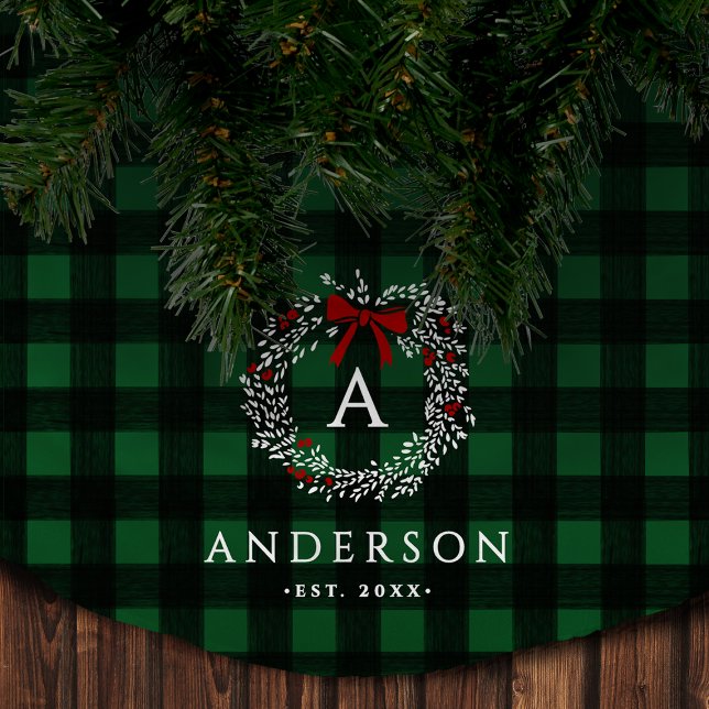 Family Name Rustic Holiday Wreath Buffalo Plaid Brushed Polyester Tree Skirt (Creator Uploaded)