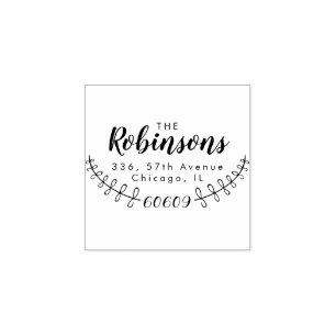 Family Name Rustic Script & Leaves Return Address Rubber Stamp