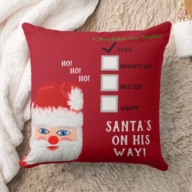 Family Name Santa's Naughty Nice List Red Throw Pillow (Blanket)