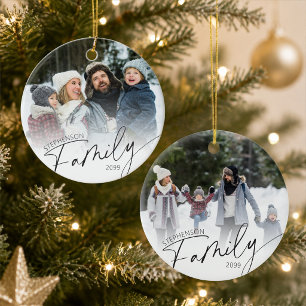 Family Name Script Overlay 2 Photos Ceramic Ornament