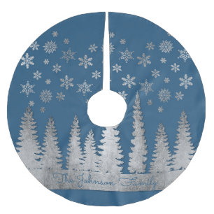 Family Name Silver and Blue Winter Wonderland Brushed Polyester Tree Skirt