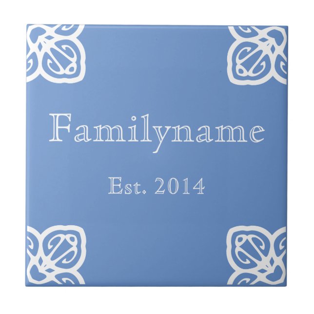 Family Name - Spanish White on Blue Ceramic Tile (Front)