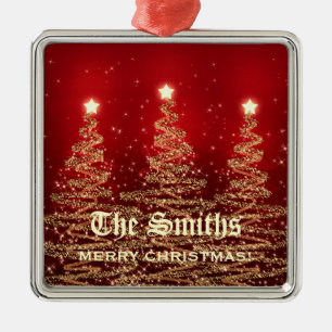 Family Name Sparkling Christmas Trees Red Metal Ornament