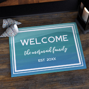Family Name Teal Watercolor Waves Welcome Doormat