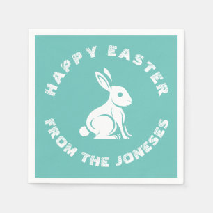 Family Name Teal White Happy Easter Bunny Rabbit Napkin