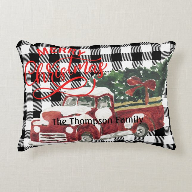 Family name traditional buffalo plaid red truck accent pillow (Front)
