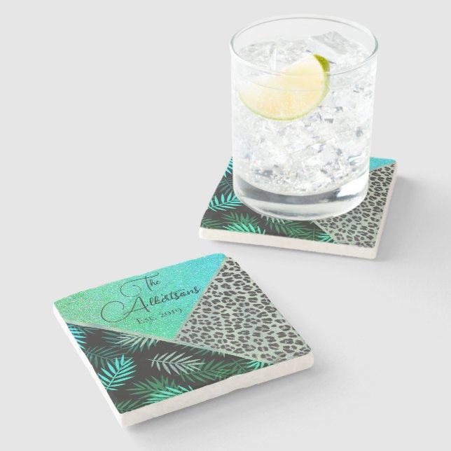 Family Name Tropical Fern Leopard Glitter     Stone Coaster (Side)