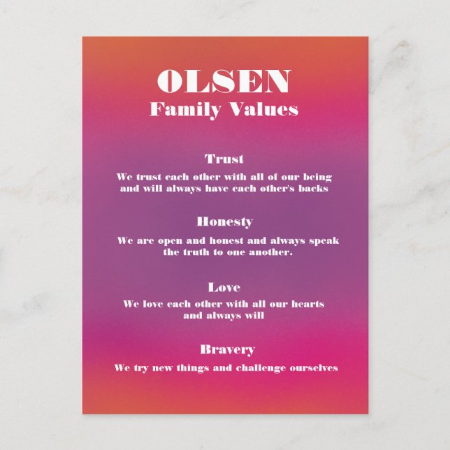 Family Name Values Poster Customizable & Editable Postcard (Front)
