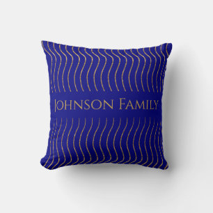 Family Name Wavy Lines Blue Gold Throw Pillow