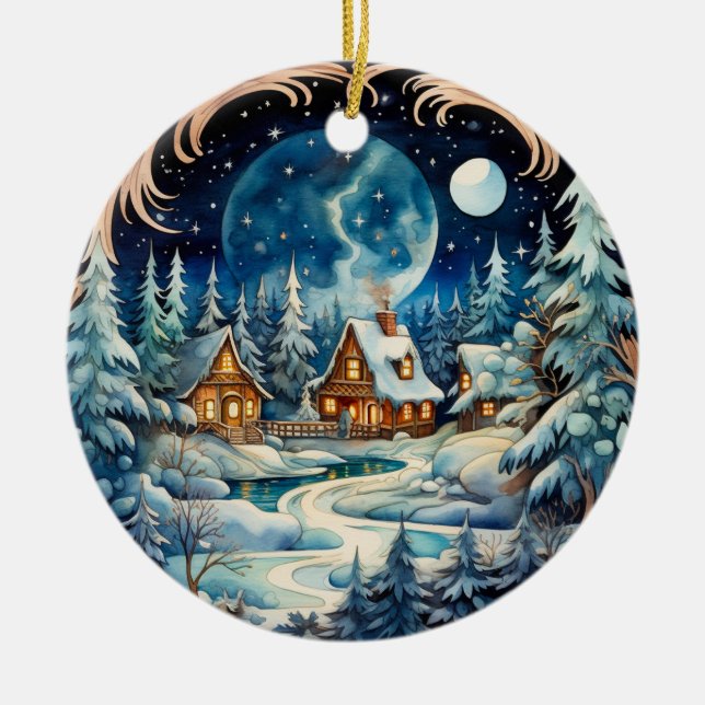 Family Name Winter Wonderland Forest Personalized  Ceramic Ornament (Front)
