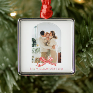 Family Name Year Red Bow Arch Photo Christmas Metal Ornament