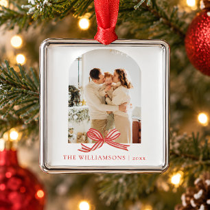 Family Name Year Red Bow Arch Photo Christmas  Metal Ornament