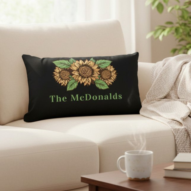 Family Name Yellow and Green Sunflower Pattern Lumbar Pillow (Creator Uploaded)