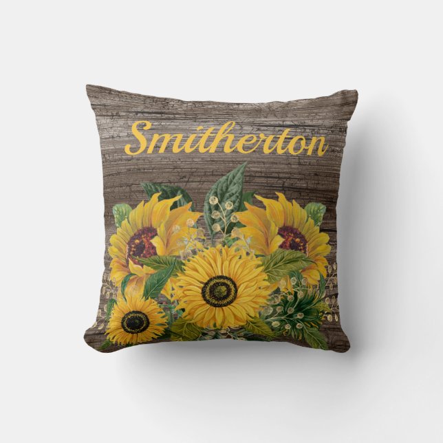 Family Name Yellow Sunflowers Rustic Wood Throw Pillow (Front)