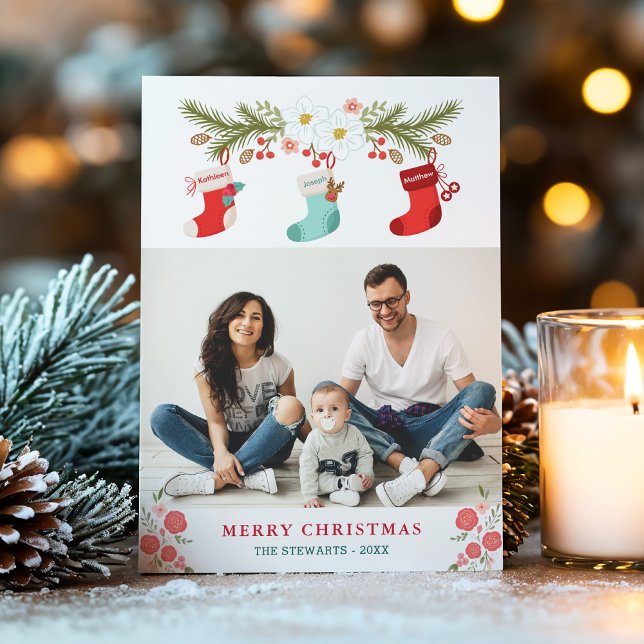 Family Names on Christmas Stockings with Photo Holiday Card (Creator Uploaded)