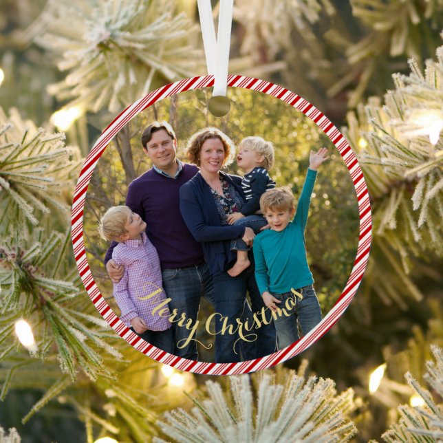 Family Newlywed First Candy Cane Photo Christmas Metal Ornament (Insitu)