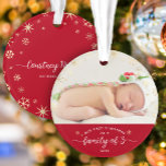 Family of 3 Baby First Christmas Snowflake Photo Ornament<br><div class="desc">“Our First Christmas as a family of 3.” A playful visual of champagne gold snowflakes overlaying the photo of your choice and white handwritten script typography with customized year over red, helps you usher in Christmas and New Year. On the back, additional champagne gold snowflakes and personalized handwritten typography of...</div>