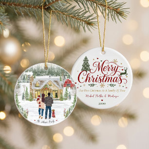 Family of 3 Baby Snowy Christmas Cottage Ceramic Ornament