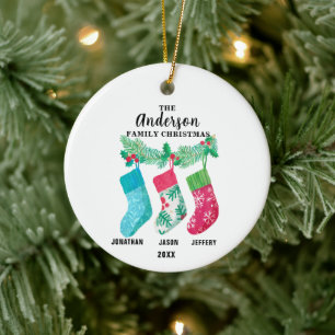 Family of 3 Christmas Stocking Personalized  Ceramic Ornament