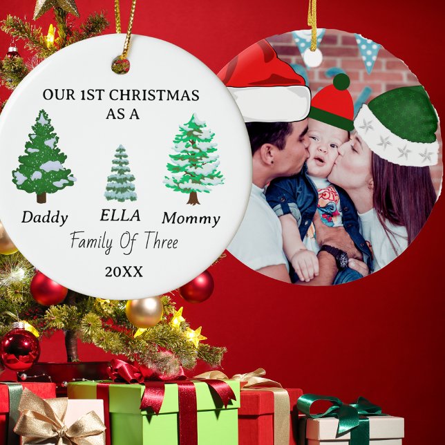 Family of 3 Custom Baby's First Christmas Photo Ceramic Ornament (Creator Uploaded)
