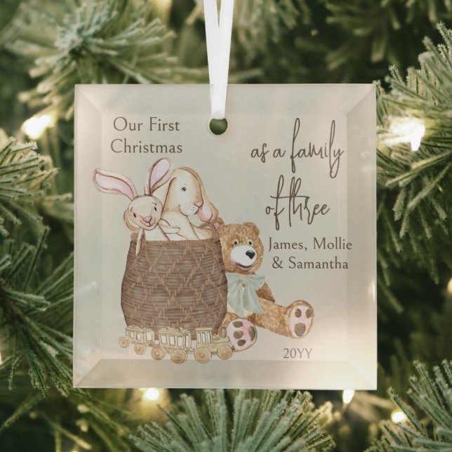 Family of 3 Pregnant Teddy Bear and Toy Basket Glass Ornament (Insitu)