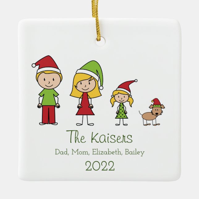 Family of 3 With Dog Cute Christmas Personalized Ceramic Ornament (Front)