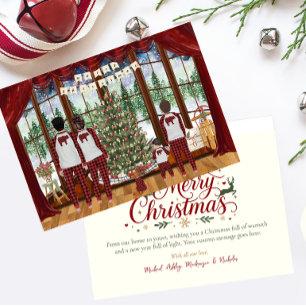 Family of 4 Baby & Boy, Cabin Christmas Morning Holiday Card