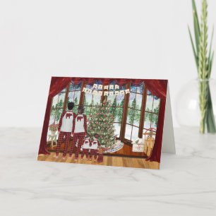 Family of 4 Baby Twins Cabin Christmas Morning Holiday Card