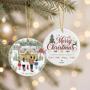 Family of 4 Boy & Girl, Snowy Christmas Cottage Ceramic Ornament