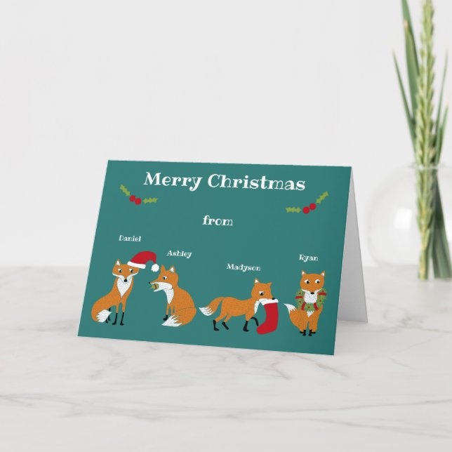 Family of 4 Festive Foxes Personalized Christmas Holiday Card (Front)