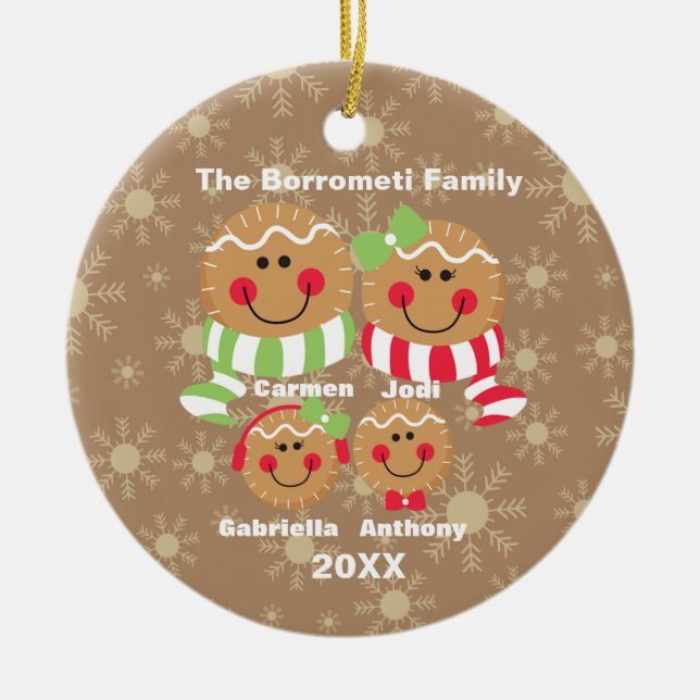 Family of 4 Gingerbread Faces Christmas Ornament (Front)