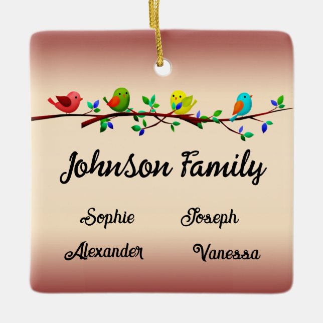Family of 4 Members Personalized Christmas Birdie  Ceramic Ornament (Front)