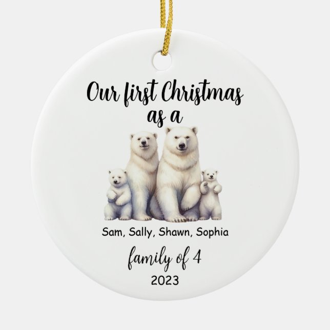 Family of 4 Polar Bear Christmas Holiday Ceramic Ornament (Front)