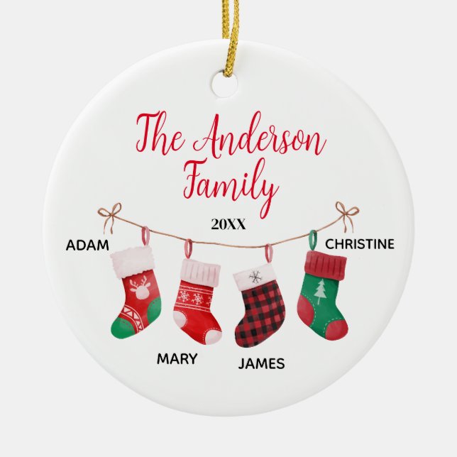 Family of 4 With Names Cute Socks  Ceramic Ornament (Front)