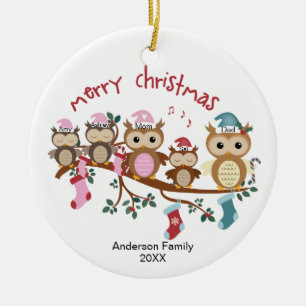 Family of 5 Owl Family Christmas Ceramic Ornament