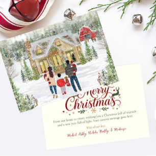Family of 5 Twins & Boy, Snowy Christmas Cottage Holiday Card