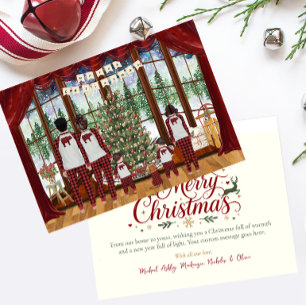 Family of 5 Twins & Girl, Cabin Christmas Morning Holiday Card