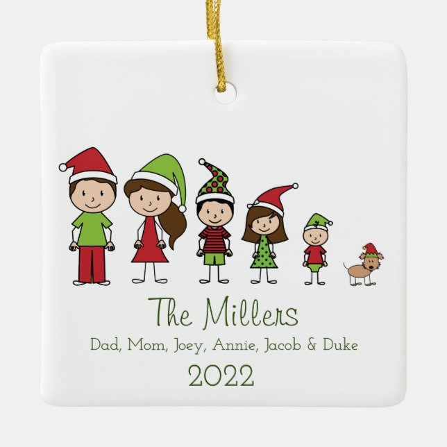 Family of 5 with Dog Personalized Christmas Ceramic Ornament (Front)