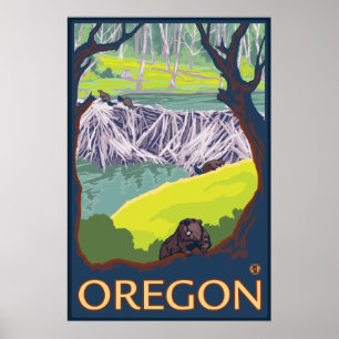 Family of Beavers making a Dam - Oregon Poster