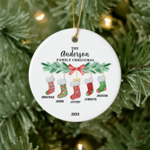 Family of Five Christmas Stocking Personalized Ceramic Ornament