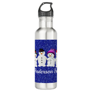 Family of Four Snowmen Blue Sparkle Winter 710 Ml Water Bottle
