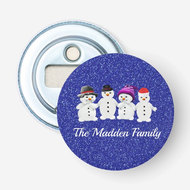Family of Four Snowmen Blue Sparkle Winter   Bottle Opener (Front)