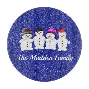 Family of Four Snowmen Blue Sparkle Winter   Cutting Board