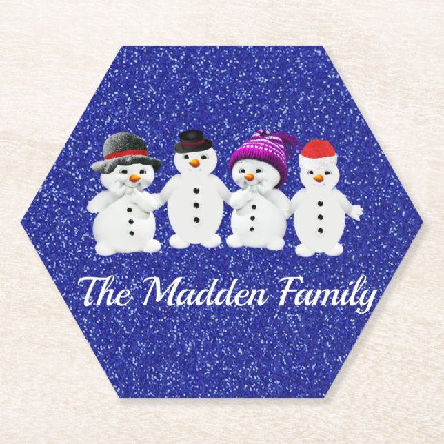 Family of Four Snowmen Blue Sparkle Winter  Paper Coaster (Front)